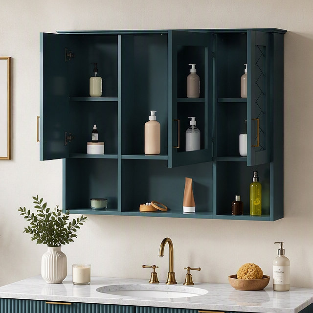 Armoire à pharmacie murale 2 en 1 avec tablettes réglables et portes à fermeture douce, miroir haute définition avec rangement pour meuble-lavabo