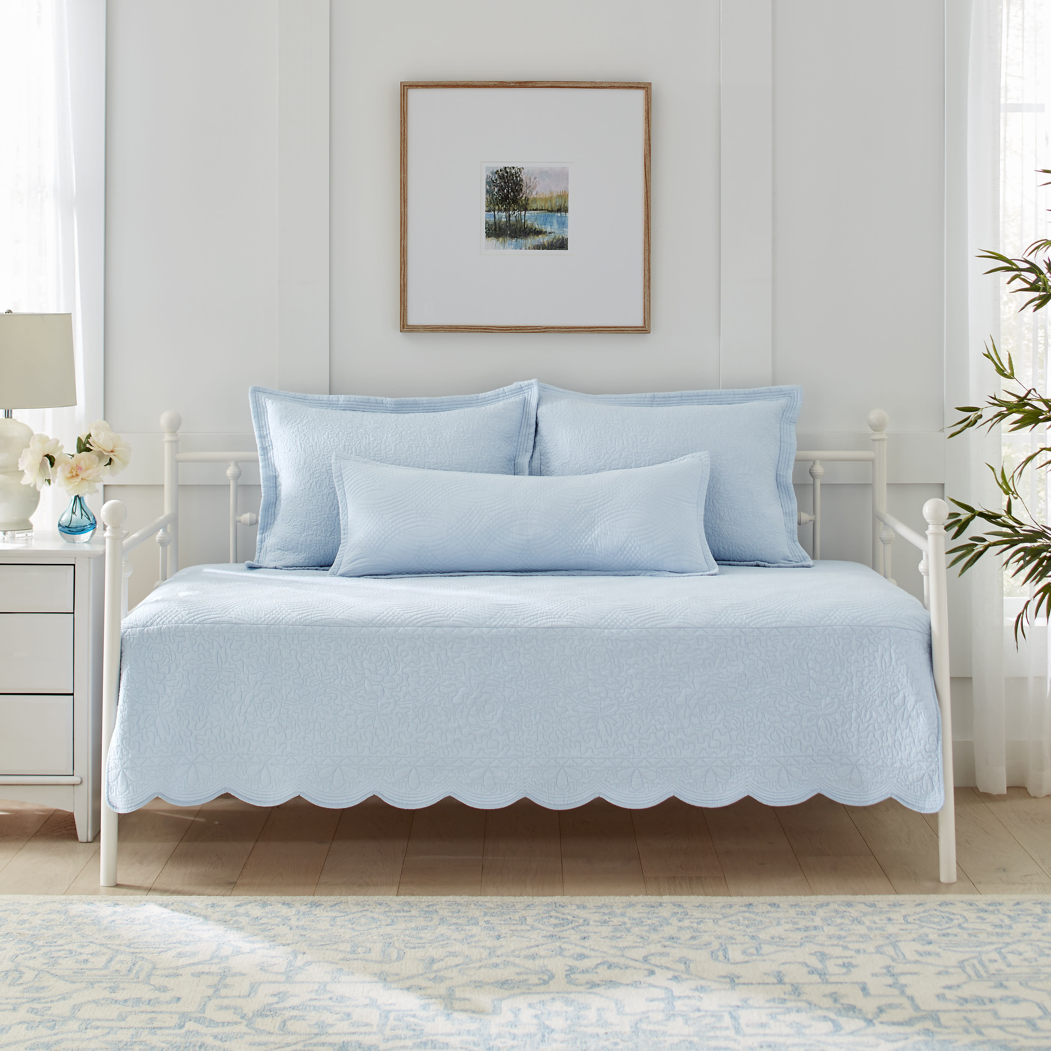 Laura Ashley Solid Trellis Cotton Blue 4 Piece Daybed Cover Set