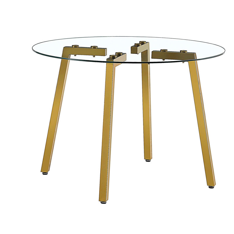 Modern minimalist style circular transparent tempered glass table, tempered glass tabletop, golden metal legs, suitable for kitchen, dining room, and living room, 42 "* 42" * 29.5 "1123r