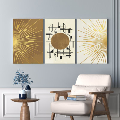 Abstrait géométrique Sunburst sur toile tendue, reproduction d'art sur toile, ensemble de 3 pour salon, chambre à coucher, décoration intérieure