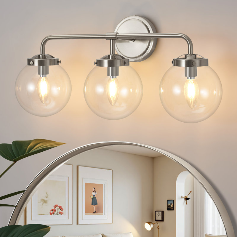 Luminaire de salle de bain à intensité variable avec abat-jour en verre soufflé à la main Karlei, 3, Nickel, Transparent