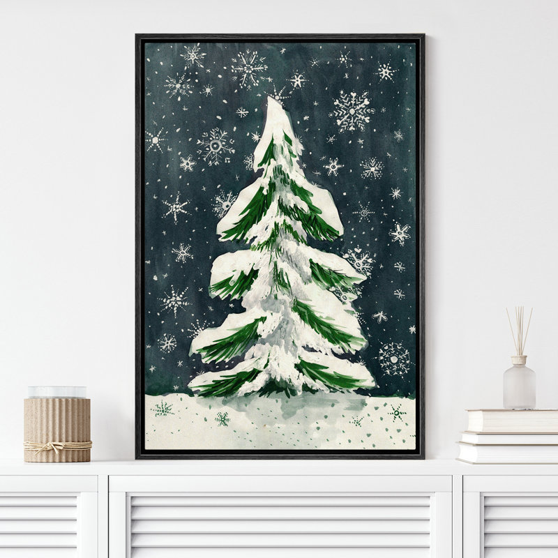 Moody, vert foncé, sapin de Noël, paysage d'hiver, décor de vacances, impression sur toile encadrée, Noir, noir, noir, noir