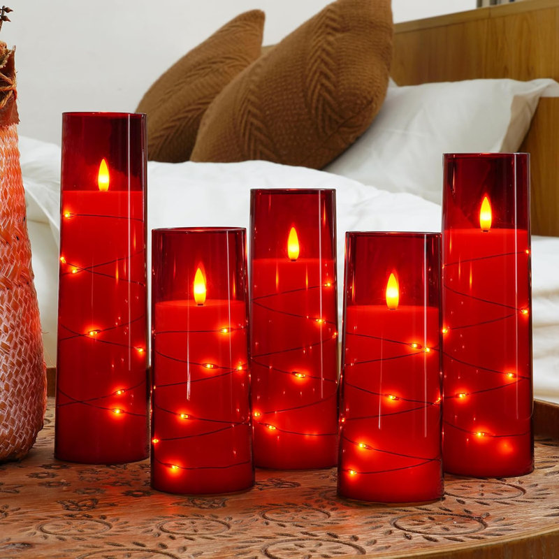 Flameless Led Candles With Embedded Star String, 5 Pcs Battery Operated Acrylic Pillar Candles With Timer And Remote, Flickering Candles For Romantic Ambiance And Home Decoration(red)