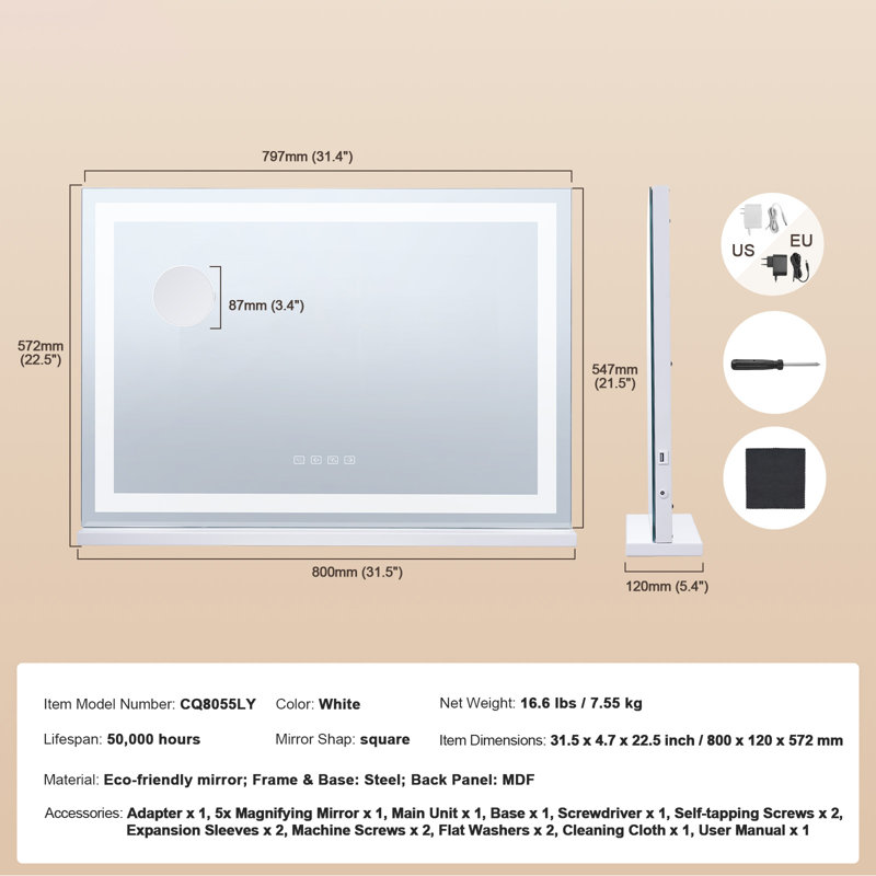 Miroir de maquillage lumineux 3 couleurs avec support de bureau USB Bluetooth 21,7 po