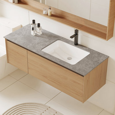 48“ Single Bathroom Vanity, Modern, Grey Sintered Stone Stop, Light Wood Cabinets with Ample Storage