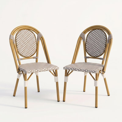 Ensemble de 2 chaises bistro d'extérieur en aluminium et rotin PE en bambou gris et blanc pour l'extérieur