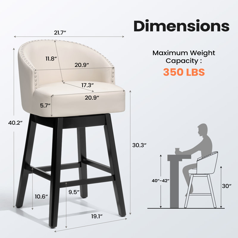 30" Swivel Faux Leather Upholstered Bar Stool with Solid Wood Legs, Beige, Bar Stool (30" Seat Height)