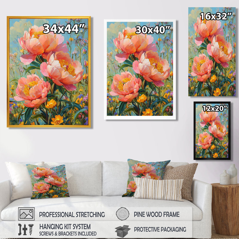 Pivoines dans la fleur sauvage, patch II - pivoines, art mural, H 60 po x l 28 po, Reproduction avec cadre flottant, Noir