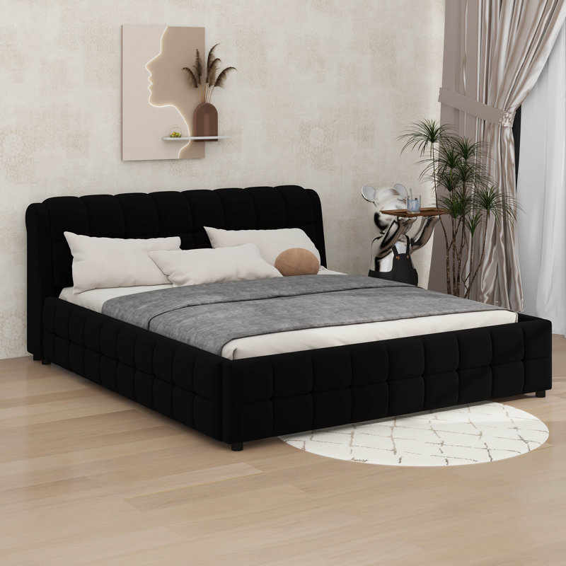 Lit plateforme tapissier avec tête et pied de lit épais, structure de lit tapissier avec motif, Noir, Très grand