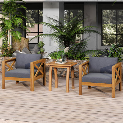 De 2 fauteuils club d'extérieur en bois avec coussins bleus, finition, confortable dans les patios de jardin - Fauteuil idéal pour