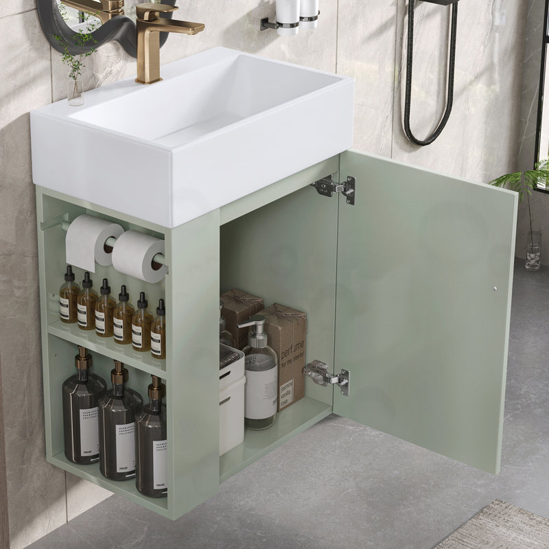 Meuble-lavabo de salle de bain avec lavabo en céramique, tablettes de rangement latérales, Vert