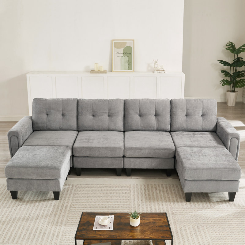 Canapé en U rembourré avec deux repose-pieds mobiles, ports USB et tables d'appoint, Gris chenille