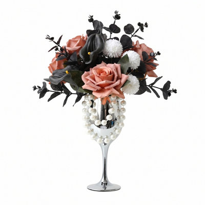 Artificial Mixed Flower Arrangement, Faux Dusty Pink Rose Black Calla Lily Black Eucalyptus Floral Centerpiece with Silver Goblet Vase & Pearl Decor, Tabletop Decor for Wedding Party Home