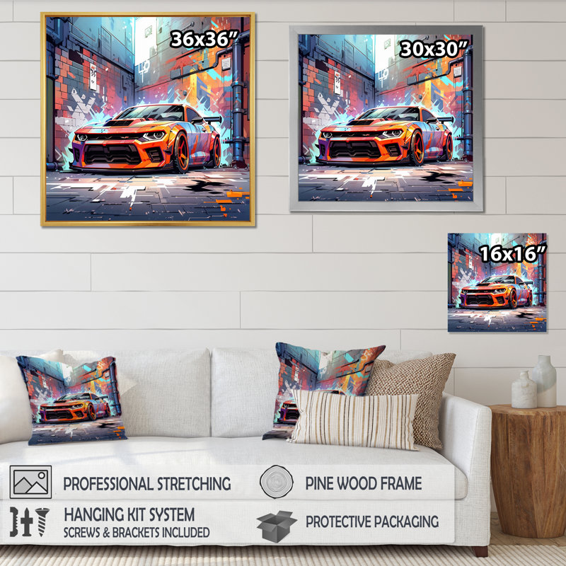Graffiti Muscle Car III - Car Muscle Car, art mural encadré, Cadre simple noir, H 16 po x l 16 po x P 1 po