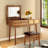 Classic Wood Makeup Vanity Set With Flip-top Mirror And Stool, Three Drawers, Woven Rattan Design And Metal Handles 