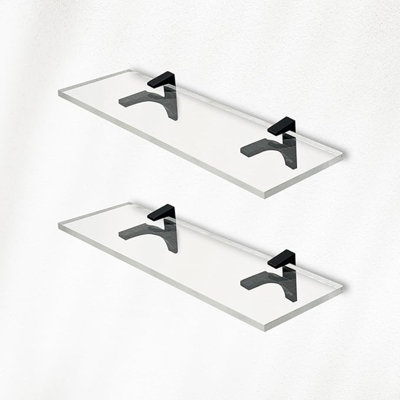 Clear Acrylic Shelves 11.5 inches, 3/4" Thick Transparent Wall Mounted Floating Shelves for Bedroom, Living Room, Bathroom, Kitchen -‎ with Screws and Black Finish Brackets, Pack of 2