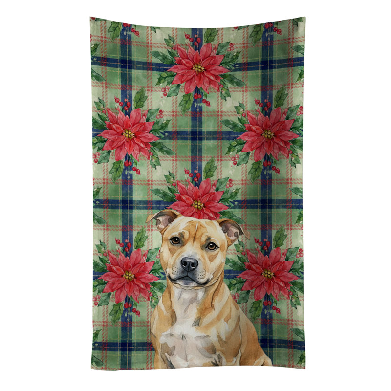 Fawn Staffordshire Bull Terrier Christmas PoinsettIas Kitchen Towel, Fawn Staffordshire Bull Terrier