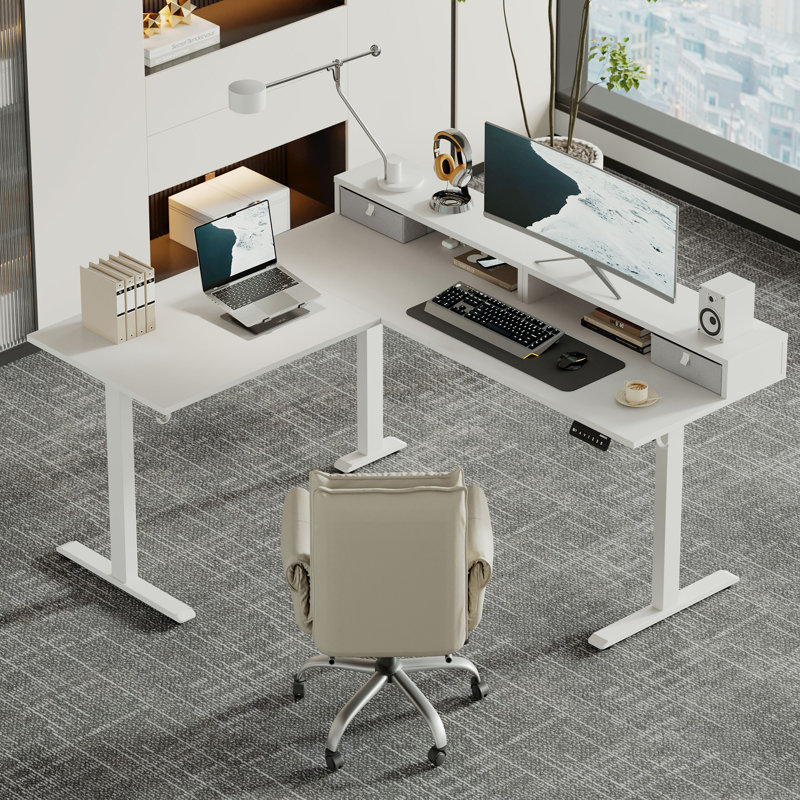 Bureau debout électrique en L à hauteur ajustable de 63 pouces avec tiroirs et tablette pour moniteur, bureau de coin ergonomique, avec crochets et gestion des câbles, blanc