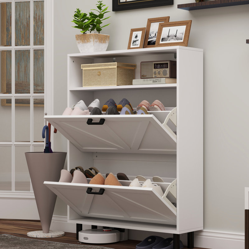 Armoire de rangement pour chaussures avec 2 tiroirs rabattables et design - Blanc antique autoportant pour vestibule, vestibule, couloir