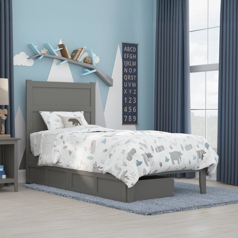 Lit plateforme en bois massif avec tiroirs de rangement Jaheim, Lit simple, Gris