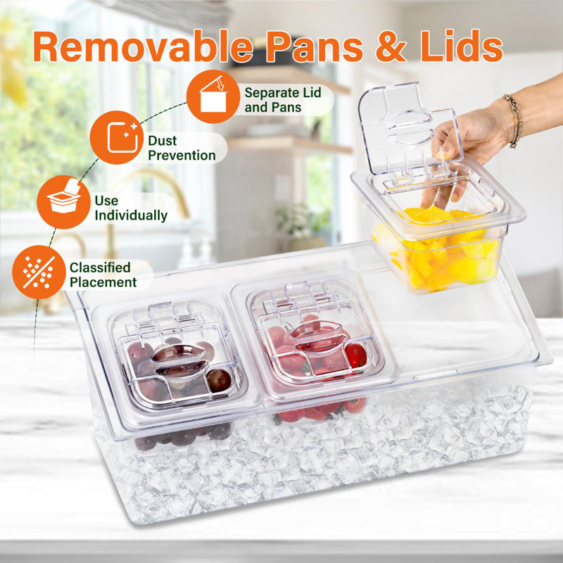 Ice Chilled Condiment Caddy With 3 Polycarbonate 4" Deep 1/6 Food Pans & Lids