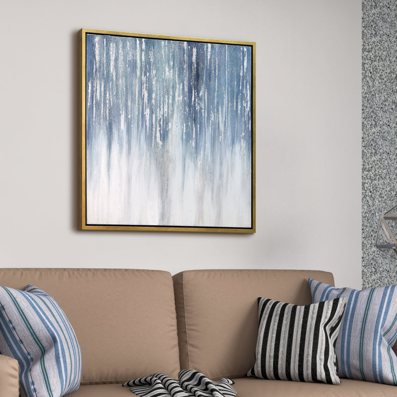 Frozen Rain Blue and Gray Abstract Canvas Art with Gold Frame