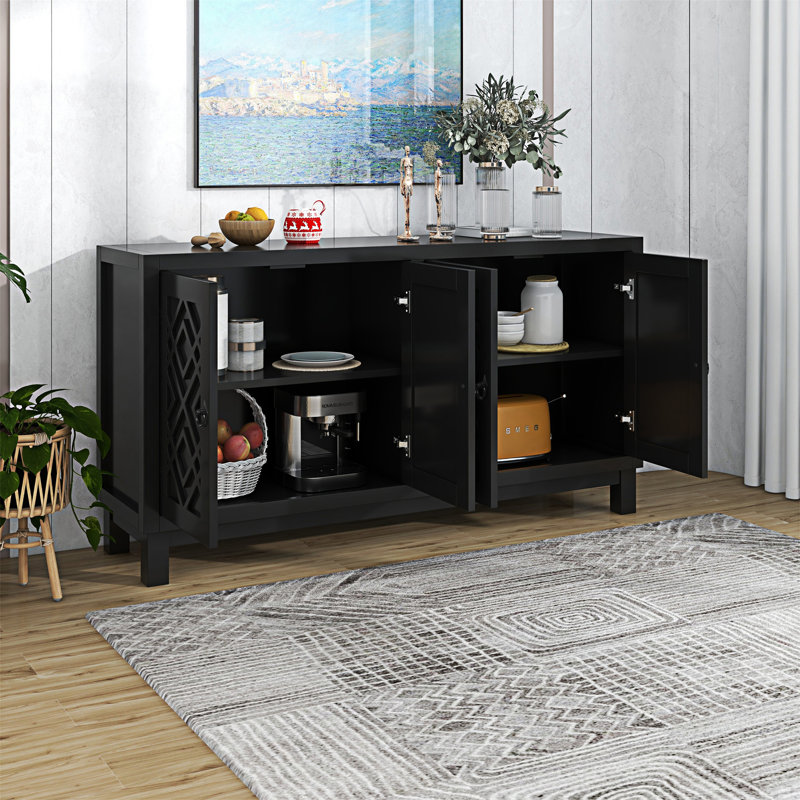 Cedrina Large Storage Space Sideboard, 4 Door Buffet Cabinet with Pull Ring Handlest,Office Credenza, Black