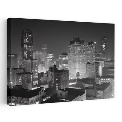 1954 Night Skyline Retail Business Area Detroit Michigan Usa Classic Retro Vintage City Art