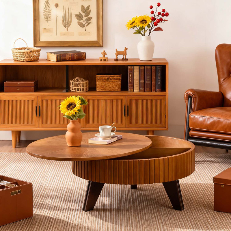 Table basse rétro avec rangement Retro, H 15,7 po x L 31,5 po x l 31,5 po, Plateau naturel / base brune