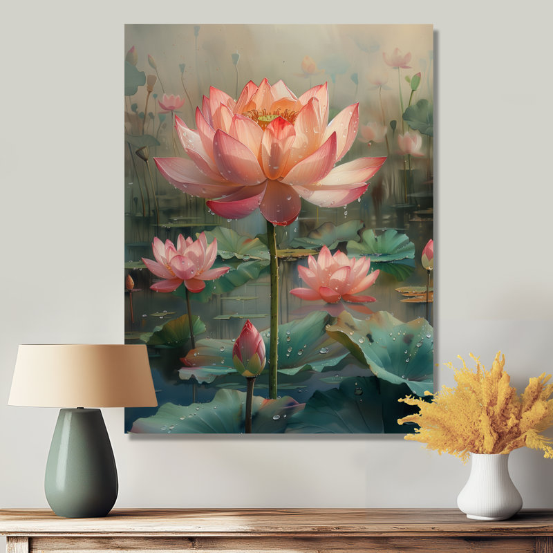 Rose rose vert sacré Bloom S - décoration murale Lotus, Toile tendue, H 30 po x l 40 po