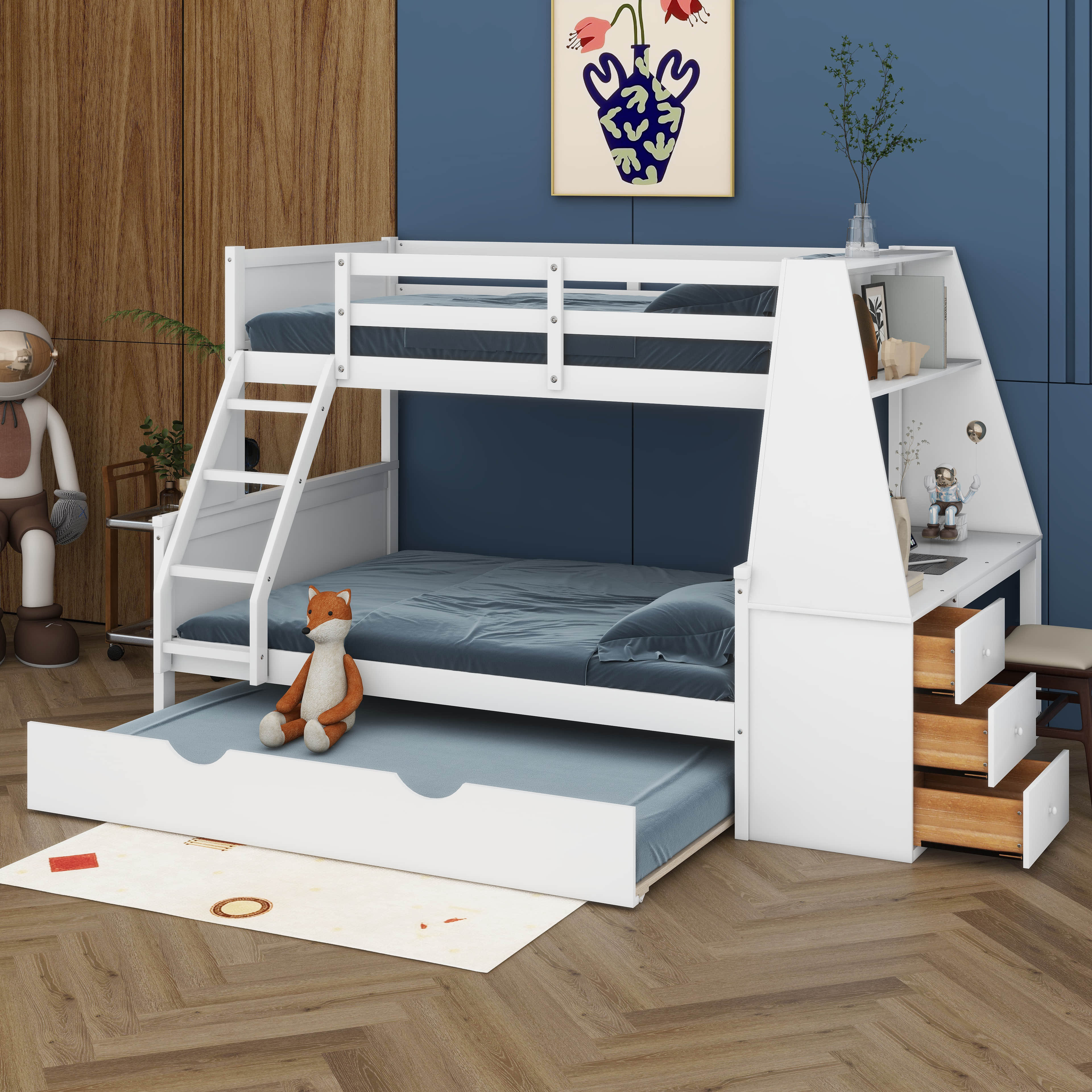 Twin Over Full Bunk Beds with Trundle and Desk, Wood Bunk Bed Frame with Three Storage Drawers and One Shelf for Kids Teens Harriet Bee Color: White, image size:3840x3840