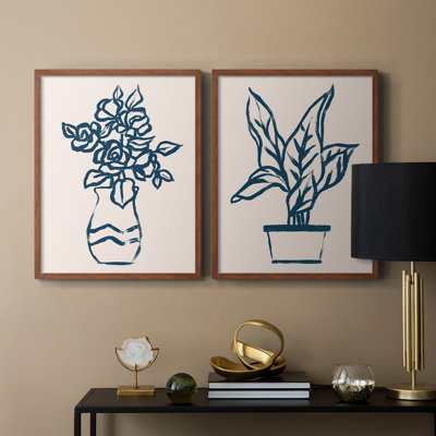 Navy Plant Sketches I-Premium Framed Print -Ready to Hang - No Nails Required - No Nails Required