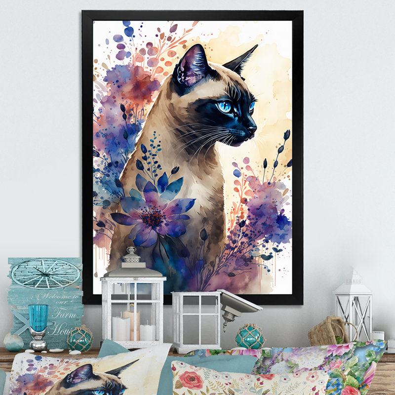 «Cute Siamese Floral I», impression sur toile, Impression noire sur toile encadrée, H 32 po x l 16 po x P 1 po