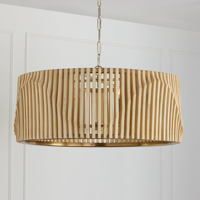 32.25" W x 14.5" H 6-Light Pendant in Matte Brass and Handcrafted Blonde Mango Wood, 32.25"W x 14.5"H