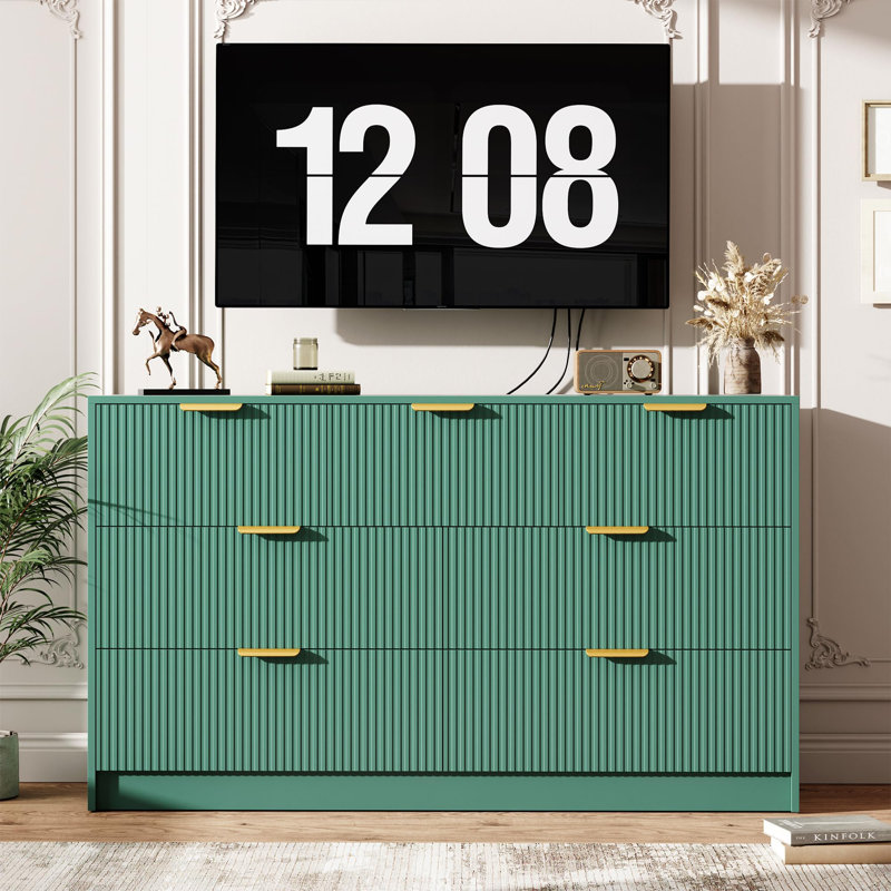 Green 54" Wide Fluted 7-Drawer Dresser – Double Chest with Gold Handles, Large TV Stand & Versatile Storage for Living Room, Bedroom, Hallway