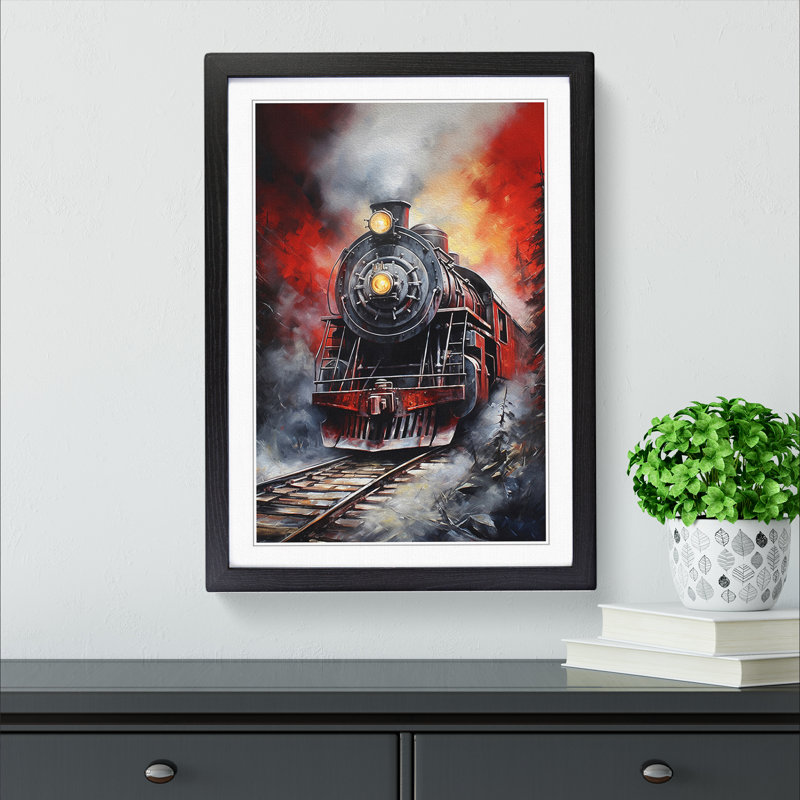 Steam Train Hard Edge Painting - Single Picture Frame Print on Wood, 64cm H x 46cm W x 2cm D, Black