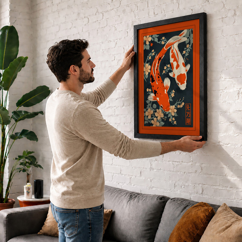 Koi and Blossoms Japandi - Framed Print, A1 - 84.1 x 59.4 cm, White