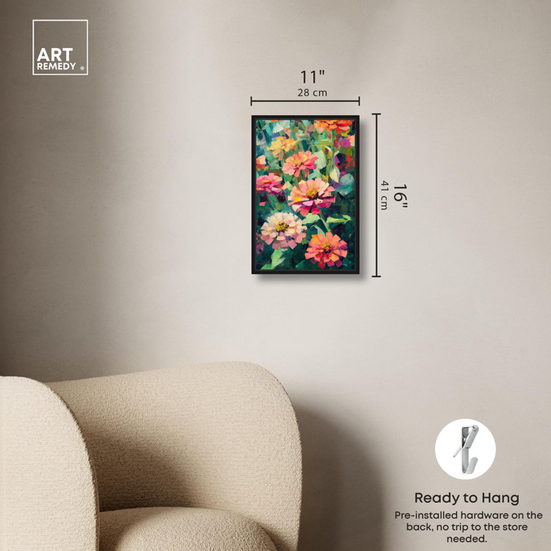 Art Remedy, fleurs vibrantes sur toile, Zinnias en fleurs I, Cadre flottant noir, H 16 po x l 11 po