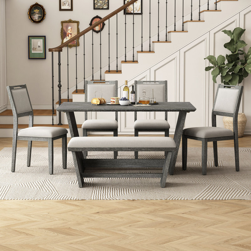 Ensemble de table de salle à manger 6 pièces pour 6, table de cuisine en bois de 60 po et 4 chaises avec banc et base en tréteaux pour la cuisine et la salle à manger