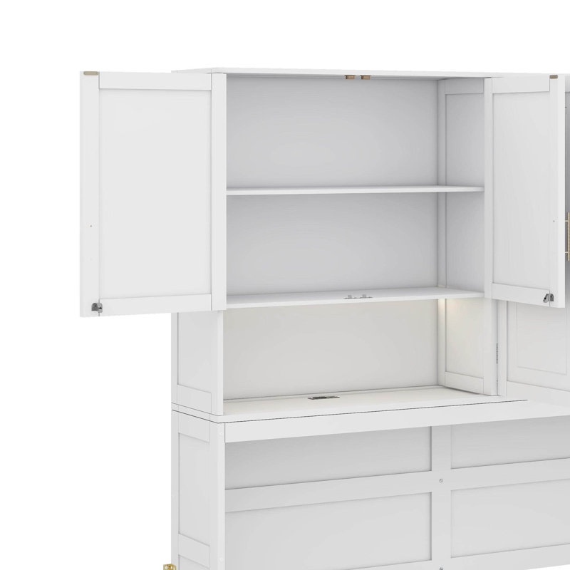 Lit escamotable mural simple avec armoire supérieure, tablettes et port USB, Blanc