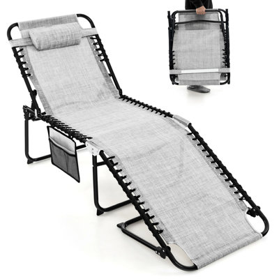 Patio Folding Chaise Lounge Portable Lay Flat Reclining Chair w/ 4-Level Backrest Side Pocket by Arlmont & Co.