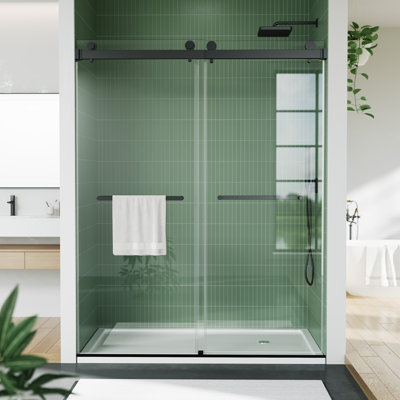 Porte de douche coulissante double sans cadre en verre trempé transparent de 6 mm (1/4 po), 142-152 cm (56-60 po) de largeur x 188 cm (74 po) de hauteur, noir mat, pour salle de bain