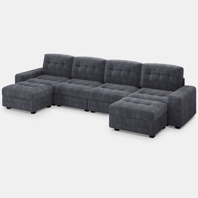 Corduroy Tufted 4-Seat Sofa U-Shaped L-Shaped Livingroom Couch With Movable Ottoman, Gray Corduroy