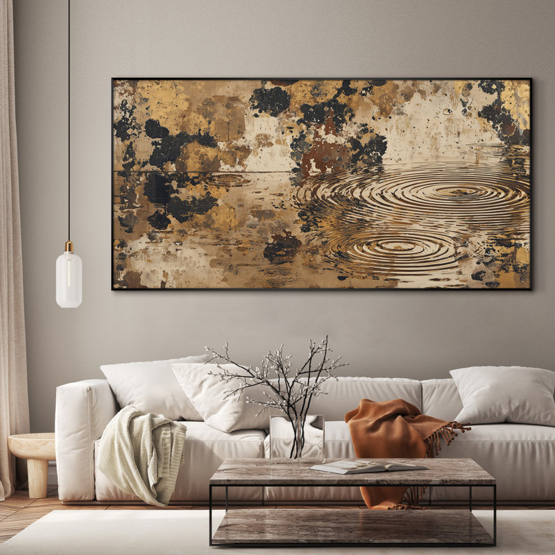 Extra Large Wall Art Fabric Print - Vintage Gold and Black Water Ripples Abstract Artwork Decor for Living Room or Bedroom - "Frame Assembly Required (Unfinished Frame)"