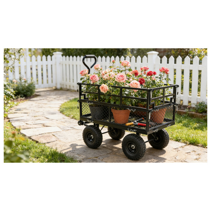 Chariot utilitaire de jardin en acier robuste avec double clôture et pneus gonflables - Chariot de jardin d'une capacité de 600 lb pour le bois de chauffage, les outils et les enfants