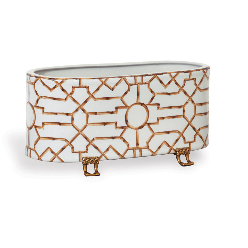 White and Gold Oval Ceramic Outdoor Planter