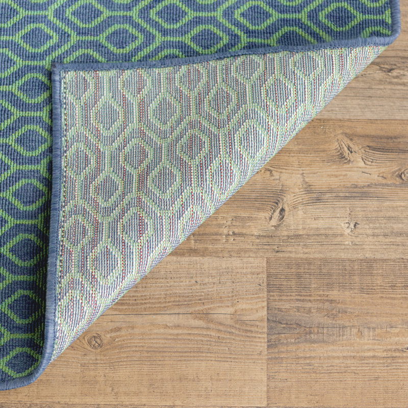 Navy and Green Geometric Stain-Resistant Synthetic Runner Rug