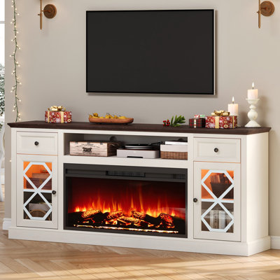 70" Fireplace TV Stand with Diamond Door &LED, White