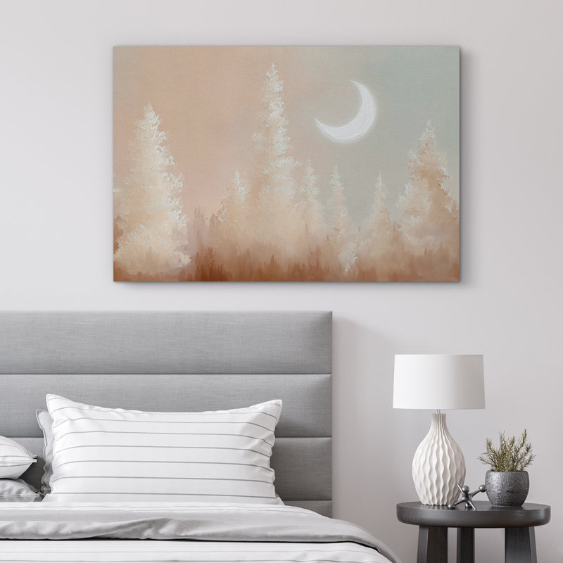 «Pastel Toned Crescent Moon Forest Scene», reproduction d'art sur toile encadrée, H 12 po x l 18 po x P 1,5 po, Toile tendue