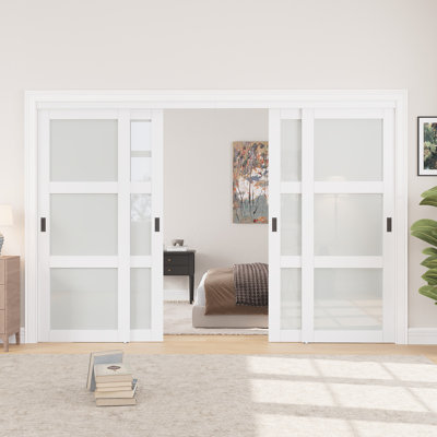 80"H 3-Lite Full-Assembled Tempered Glass Closet Sliding Doors With Hardware Kit & Handles(No Assembly Required)